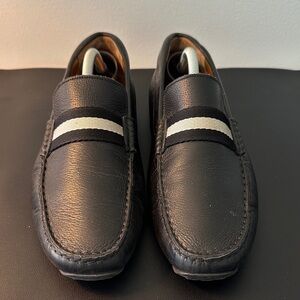 Bally Black Leather Men's Loafers with White Stripe